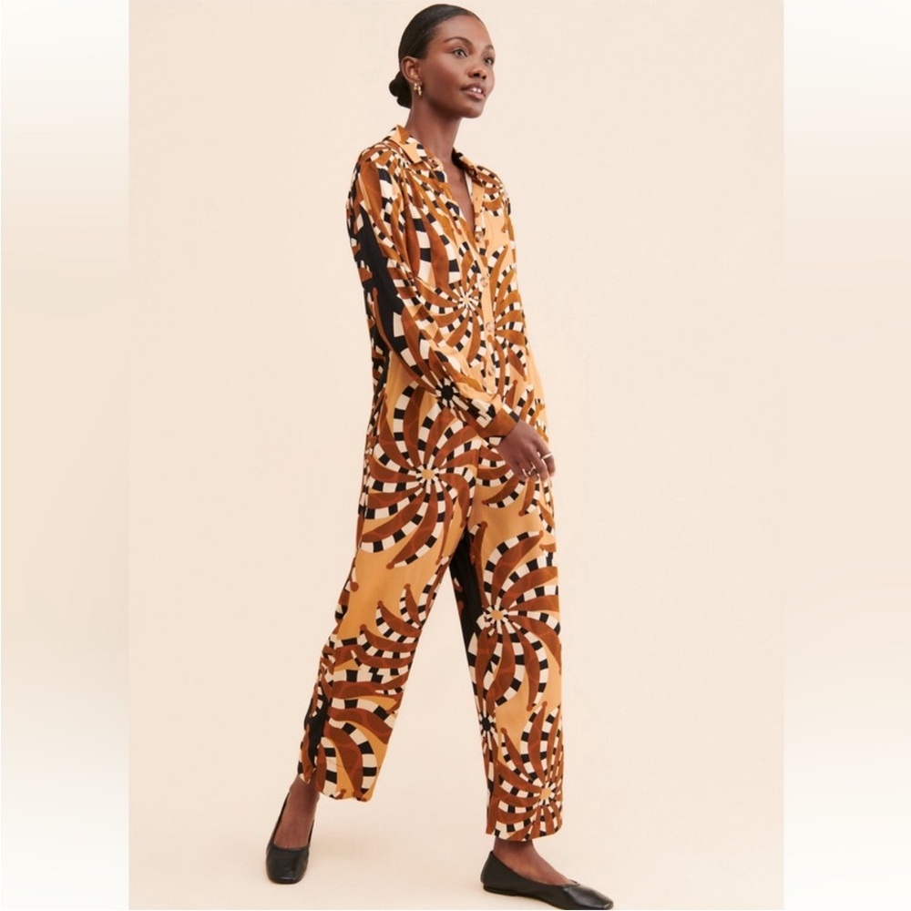 FARM Rio Mixed Banana Geometric Print Jumpsuit Button Down Long Sleeve Small